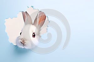 White rabbit peaks in surprise through a hole in the paper on a pastel blue background, with copy space. Easter concept