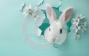 White rabbit peeking through blue paper with white flowers. Creative Easter concept