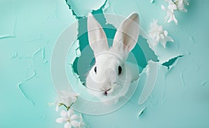 White rabbit peeking through blue paper with white flowers. Creative Easter concept