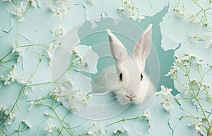 White rabbit peeking through blue paper with white flowers. Creative Easter concept
