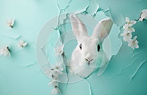 White rabbit peeking through blue paper with white flowers. Creative Easter concept