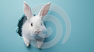 White Rabbit Peeking Through Hole in Blue Wall. Generative AI