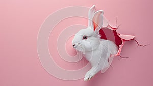 White Rabbit Peeking Through Hole in Pink Wall. Generative AI