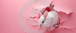 White Rabbit Peeking Through Hole in Pink Wall. Generative AI