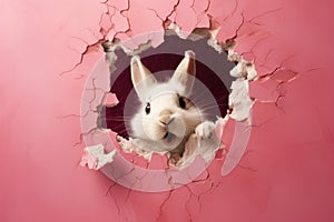 White rabbit peeking through a pink paper hole