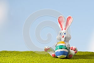White Rabbit from polymer clay on the lawn with painted egg character Easter Gift Spring hand made no trade mark