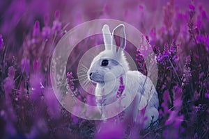 White Rabbit in a Purple Flower Field