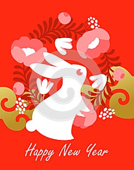 White rabbit on a red. Cute bunny with floral wreath and decorative elements. Chinese new year 2023 greeting card