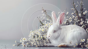 a white rabbit seated in the lower right corner beside spring flowers against a gray background, leaving ample empty