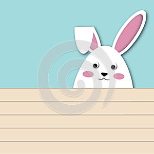 White rabbit shaped like egg with wooden on blue background. Holiday illustration for greeting card of Happy Easter’s Day.