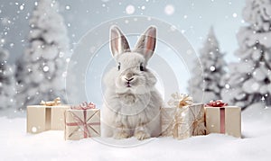 A white rabbit sits in the snow next to Christmas presents, surrounded by a winter landscape.