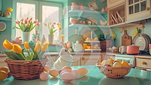 White rabbit sitting in a cosy kitchen at table during easter with colorful eggs and tulips. Happy easter theme in pastel colors