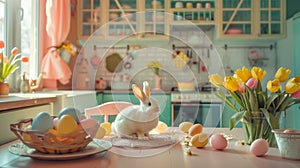 White rabbit sitting in a cosy kitchen at table during easter with colorful eggs and tulips. Happy easter theme in pastel colors