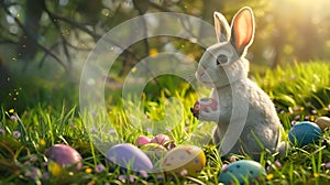 A white rabbit is sitting in a field of Easter eggs. rabbit holding eggs in hand Heater day concept photo