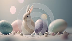 a white rabbit sitting in front of a group of eggs