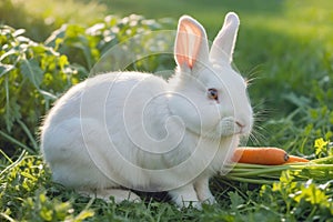 A white rabbit is sitting on the grass.