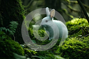White rabbit sitting in a green forest