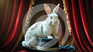 White rabbit is sitting on a hat