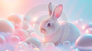 White Rabbit Sitting in Pile of Eggs. Generative AI