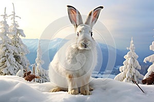 White rabbit sitting in the snow against the background of a mountain landscape