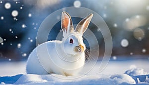 White rabbit sitting on snow, blurred winter landscape on background