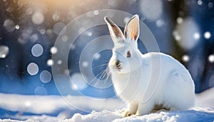 White rabbit sitting on snow, blurred winter landscape on background