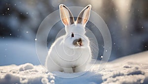 White rabbit sitting on snow, blurred winter landscape on background