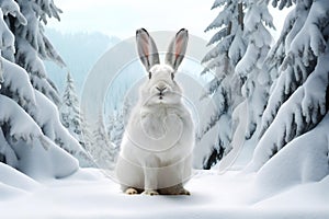 White rabbit sitting on the snow in the forest,  Winter landscape