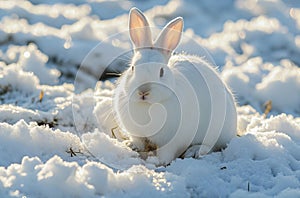 White rabbit sitting in the snow during golden hour