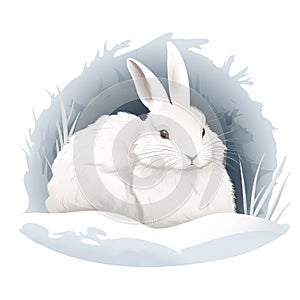 a white rabbit sitting in the snow in a hole with grass and snow on the ground, looking at the camera, with a white background