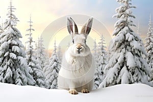 White rabbit sitting in the snow in the mountains,  Winter landscape