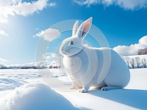 white rabbit on snow over blurred winter forest on day noon light with cloudy blue sky.