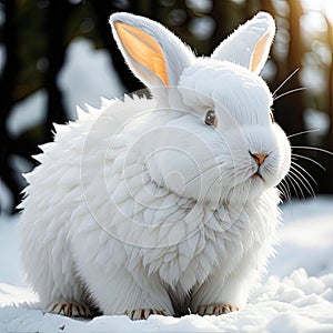 White rabbit on the snow in winter forest. Cute fluffy animal. generative ai