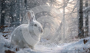 A white rabbit is standing in the snow, looking at the camera