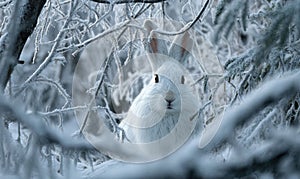 A white rabbit is standing in the snow, looking at the camera