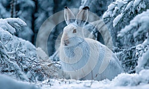 A white rabbit is standing in the snow, looking at the camera