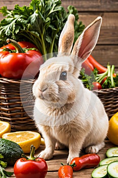 white rabbit surrounded by an assortment of fresh vegetables, including tomatoes and cucumbers, with a cut lemon visible among it