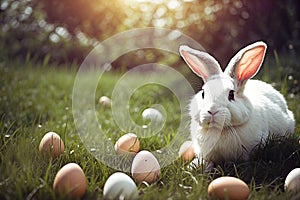 A white rabbit is surrounded by painted eggs