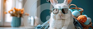 A white rabbit wearing sunglasses sits in front of a basket of eggs