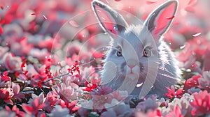 A white rabbit with whiskers sits among pink flowers in a grassy field