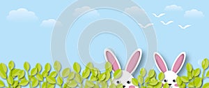 White rabbits with leaf, birds and clouds on blue sky background, Holiday illustration for greeting card of Happy Easterâ€™s Day.