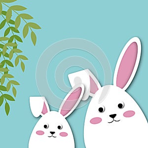 White rabbits with leaf on pastel blue Background, Holiday illustration for greeting card of easterâ€™s day.