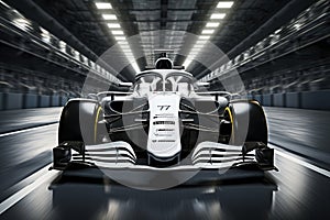 white racing car is moving fast on formula one track