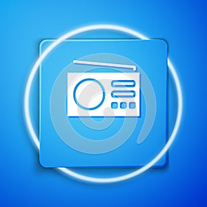White Radio with antenna icon isolated on blue background. Blue square button. Vector