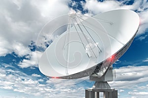 White Radio Telescope, a large satellite dish on a background of blue sky, radar. Technology concept, search for extraterrestrial