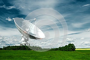 White Radio Telescope, a large satellite dish on a background of blue sky, radar. Technology concept, search for extraterrestrial