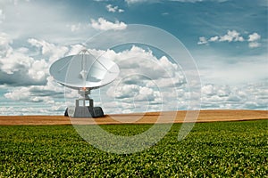 White Radio Telescope, a large satellite dish on a background of blue sky, radar. Technology concept, search for extraterrestrial