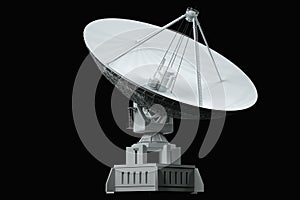 White radio telescope, large satellite dish, radar isolated on a black background. Technology concept, search for extraterrestrial