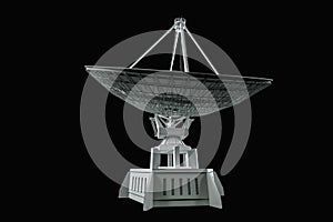 White radio telescope, large satellite dish, radar isolated on a black background. Technology concept, search for extraterrestrial