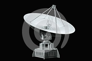 White radio telescope, large satellite dish, radar isolated on a black background. Technology concept, search for extraterrestrial